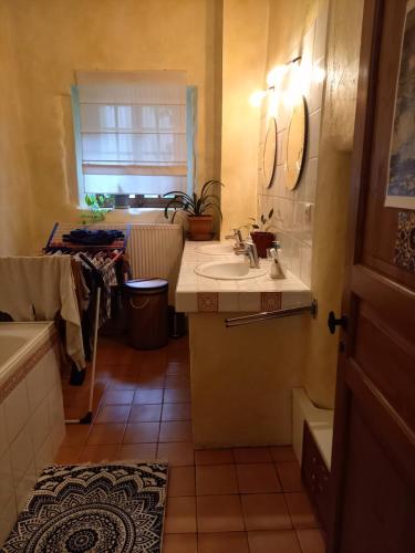 La salle de bains est pourvue d'un lavabo et d'une fenêtre. dans l'établissement Chambre chez l'habitant, à Grenoble