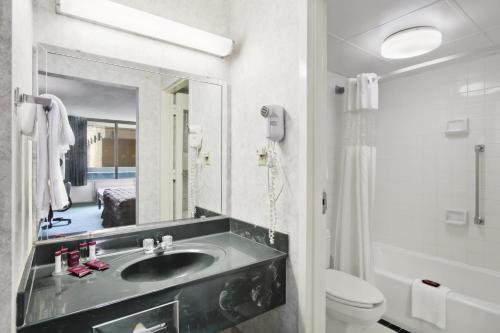 a bathroom with a sink, mirror, and toilet at Ramada by Wyndham Roanoke in Roanoke