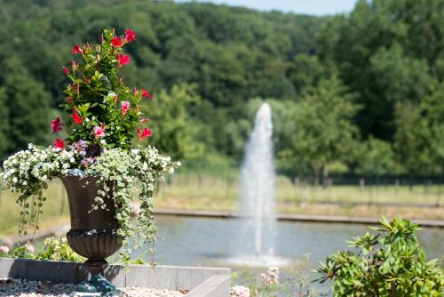 a vase filled with flowers in front of a fountain at Hof de Draeck Bed & Breakfast in Teuven