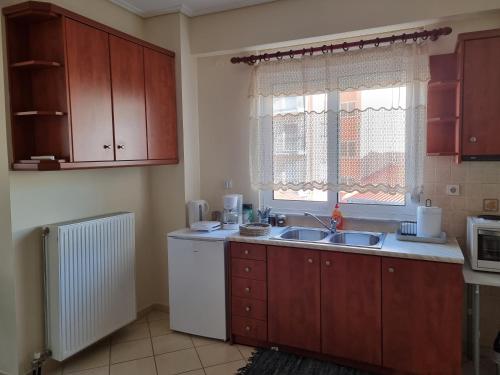 a kitchen with wooden cabinets and a sink and a window at in centre suite in Tripoli