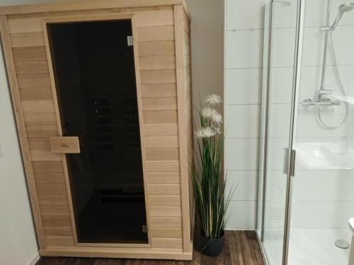 ein Bad mit einer Dusche und einer Glastür in der Unterkunft 48 1 M Seestern in Wangerland