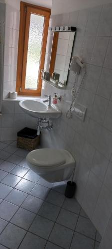 ein Badezimmer mit einem Waschbecken, einem WC und einem Spiegel in der Unterkunft Nuova Locanda Turisti in Bignasco