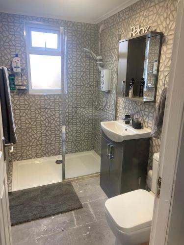 a bathroom with a shower and a toilet and a sink at Studio Flat in Largs