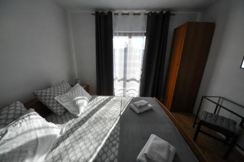 1 dormitorio con 1 cama grande y ventana en Apartman Anita, en Buzet