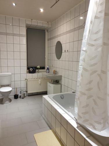 FeWo Nina 3 - Monteurwohnung في فايسنفلس: حمام مع حوض ومرحاض