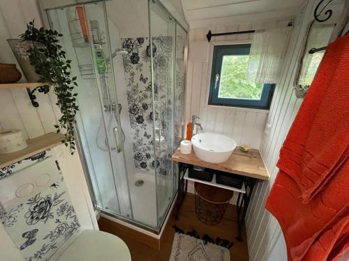 a small bathroom with a shower and a sink at Tiny House Ostsee # Naturwerk in Pruchten