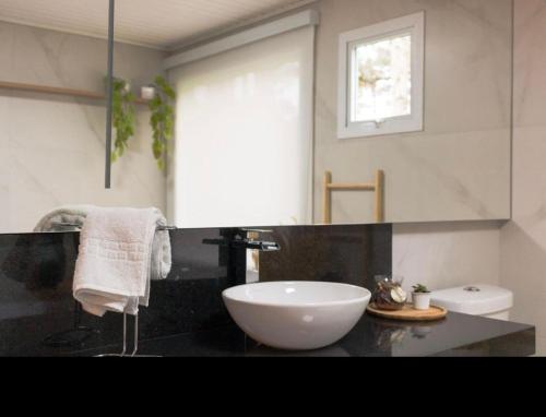烏魯比西的住宿－Chalé Top banheira e lareira，一个带白色碗水槽的柜台浴室