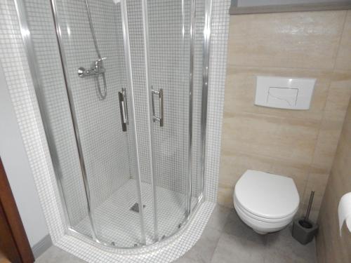 een badkamer met een douche en een toilet bij Apartament Giżycko in Giżycko