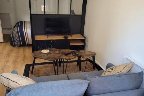 een woonkamer met een bank en een tafel met een tv bij Studio cosy Saint-Étienne centre ville in Saint-Étienne