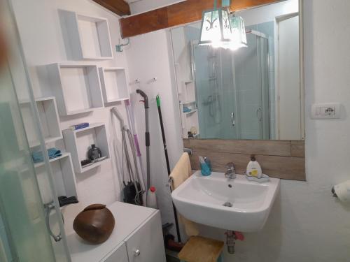 een badkamer met een wastafel, een douche en een spiegel bij Cottage sotto il faggio centenario in Ameno