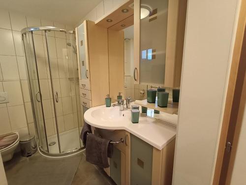 a bathroom with a sink and a shower at Kaserer in Bruck an der Großglocknerstraße