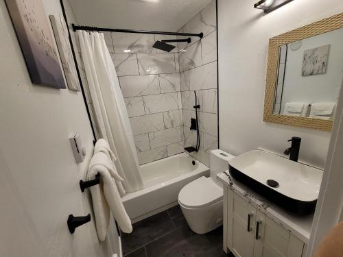 a bathroom with a sink and a toilet and a shower at The NW Olympic Retreat in Port Angeles