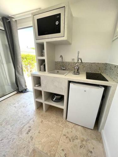 uma cozinha com um lavatório e uma televisão num balcão em Cocon à l’orée de la forêt em Auriol