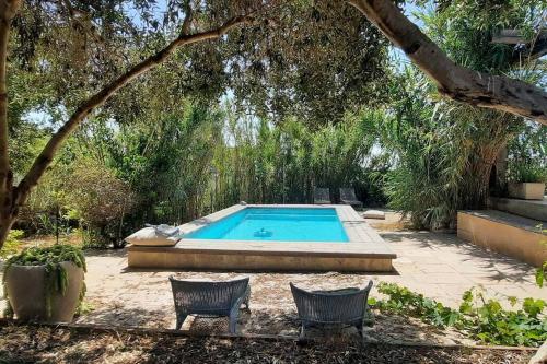 a swimming pool with two chairs under a tree at עין הוד בית בטבע עם בריכה שקט נוף מדהים להר ואדי והים in Ein Hod