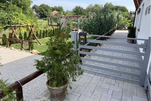 a garden with a blue fence and some plants at Ubytovanie AGATE in Podhájska