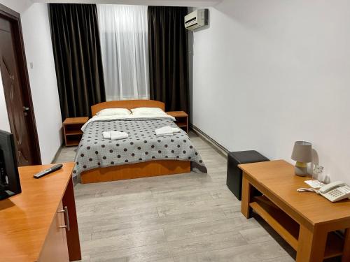 a hotel room with a bed and a desk at Hotel Tata Si Fii in Bechet
