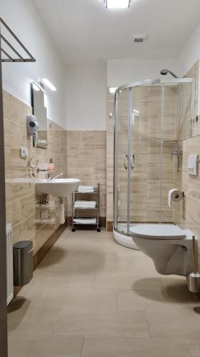 een badkamer met een douche, een toilet en een wastafel bij Pension Elektra in Mariánské Lázně