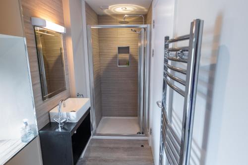 uma casa de banho com um lavatório e uma cabina de duche ao nível do chão em Behan's Horseshoe Bar & Restaurant em Listowel