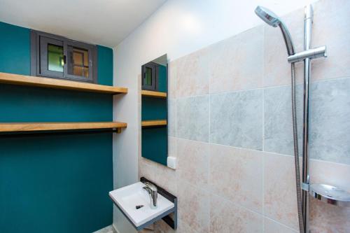 y baño con lavabo y ducha. en Studio neuf independant dans villa en Ouoran