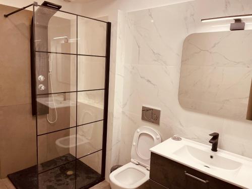 uma casa de banho com um chuveiro, um WC e um lavatório. em Loft Athens -Nomad Friendly # SuperHost hub# em Atenas