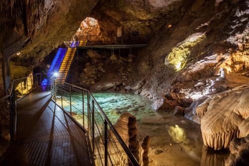 una escalera en una cueva con una piscina de agua en Gite Le Canigou 3* dans un Mas typique catalan en Prades