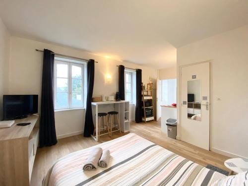 Dormitorio con cama, escritorio y TV en LE PTIT STEIR - CALME - WIFI - CENTRE VILLE - ENTREE AUTONOME en Quimper