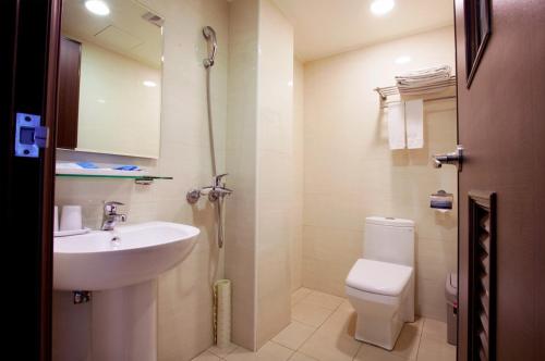 a bathroom with a sink and a toilet and a mirror at True Friend Hotel in Hualien City