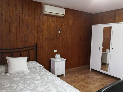um quarto com uma cama e um espelho em Las Moranas em Valsequillo