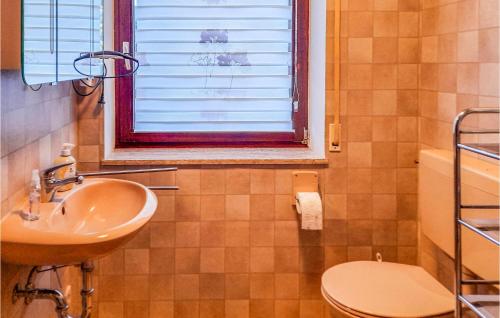 a bathroom with a sink and a toilet and a window at Nice Apartment In Medebach-ddinghausen With Wifi in Medebach