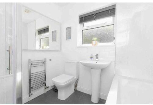 a white bathroom with a toilet and a sink at 2 bed Seaview Bungalow with Hot Tub in Penmaen-mawr