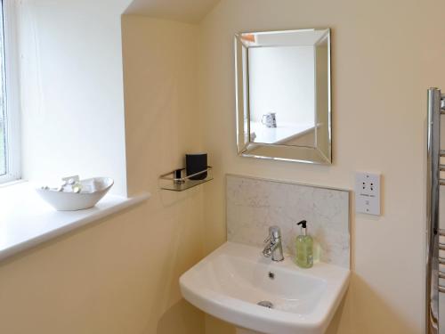 a bathroom with a sink and a mirror at Hazelnut Cottage in Sharperton