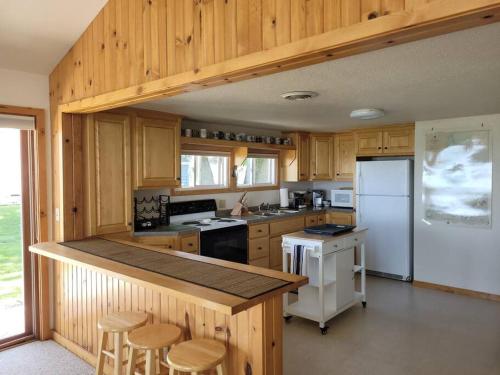 a kitchen with wooden cabinets and a white refrigerator at Cozy Cottage on Green Bay in Green Bay