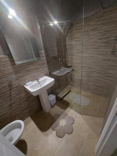 La salle de bains est pourvue d'un lavabo, de toilettes et d'une douche. dans l'établissement Platan 2, à Bela Crkva