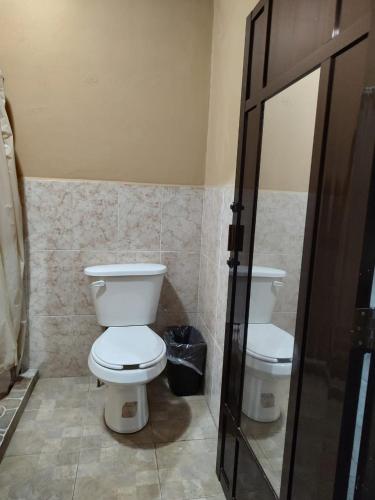 a bathroom with a toilet and a trash can at Hotel D Silva in Tochimilco