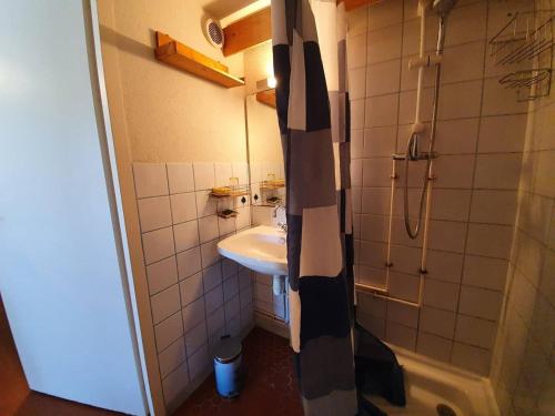 une petite salle de bain avec un lavabo et une douche dans l'établissement Appartement 2 pièces mezzanine avec terrasse, proche plage et forêt - Saint-Jean-de-Monts - FR-1-224C-130, à Saint-Jean-de-Monts