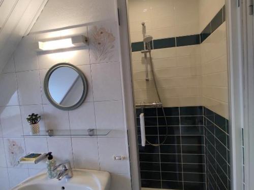 une salle de bain avec un lavabo, un miroir et une douche dans l'établissement Maison bord de mer avec jardin et parking privé - FR-1-542-41, à Pleumeur-Bodou