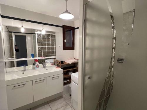 La salle de bains est pourvue d'un lavabo et d'une douche. dans l'établissement Maison 5 pièces avec piscine, près de la plage, idéal pour familles, à Vendres - FR-1-701-15, à Vendres