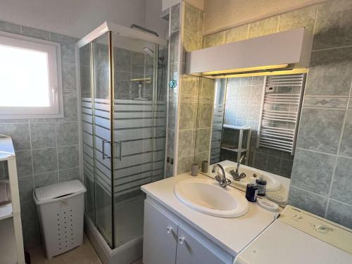 uma casa de banho com um lavatório e um chuveiro em Maison Vendres, 2 pièces, 4 personnes - FR-1-701-41 em Vendres