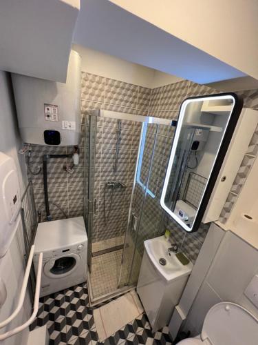 uma pequena casa de banho com chuveiro e WC em Studio meaux hyper centre em Meaux