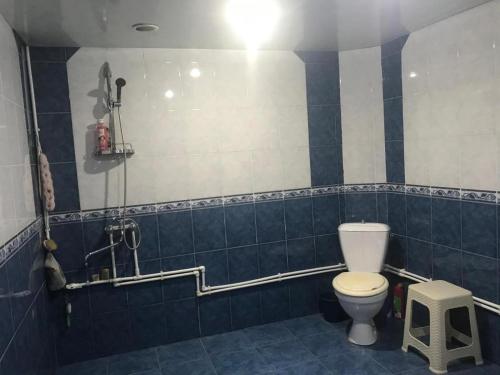 a blue tiled bathroom with a toilet and a stool at House 125a in Dilijan