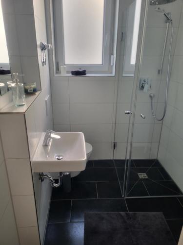 ein Bad mit einem Waschbecken und einer Dusche in der Unterkunft Apartment in Plankstadt in Plankstadt