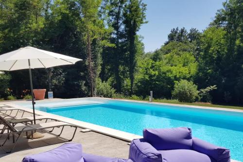 a swimming pool with two lounge chairs and an umbrella at Luxury Villa Četiri Hrasta in Pićan