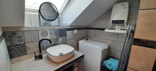 une petite salle de bain avec un lavabo et un miroir dans l'établissement 14 Ter Les Gîtes Bigoudens, à Plonéour-Lanvern