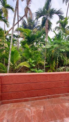 a red bench in front of some palm trees at Soham Beach Resort, Diveagar in Diveagar