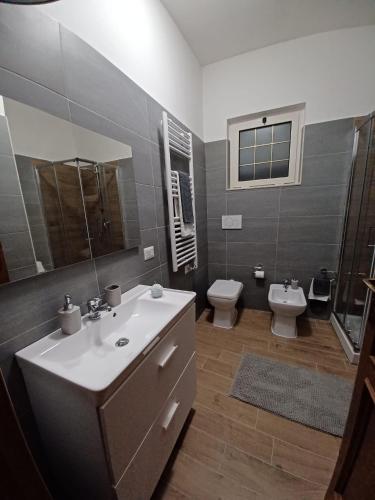 a bathroom with a sink and a toilet and a mirror at Boville Family House in Boville Ernica