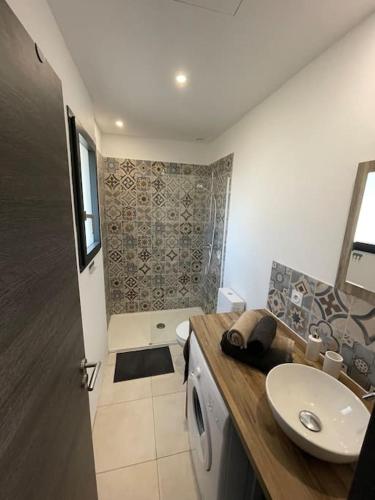 une salle de bain avec un lavabo, des toilettes et une douche dans l'établissement Charmant duplex avec terrasse, à Figari