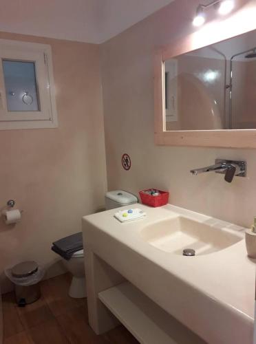 a bathroom with a sink and a toilet and a mirror at Flora Apartments in Drios
