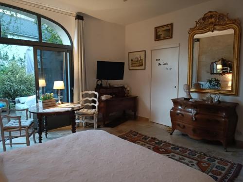 a bedroom with a bed and a desk and a mirror at Gîte la comète in Chinon