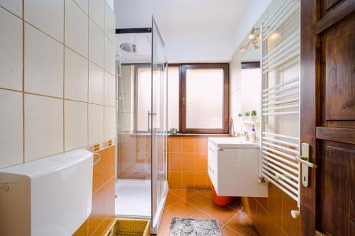 ein Badezimmer mit Dusche, Toilette und Waschbecken in der Unterkunft Forest Nest with mountain view in Buşteni