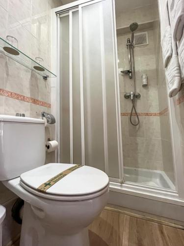 a bathroom with a toilet and a shower at Beatriz Charming Hostal in Torremolinos